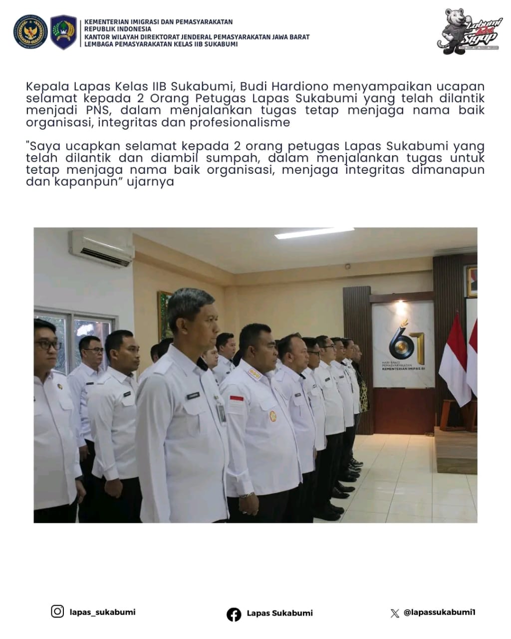 Jaga Integritas : 2 Petugas Lapas Sukabumi Resmi Dilantik Menjadi PNS