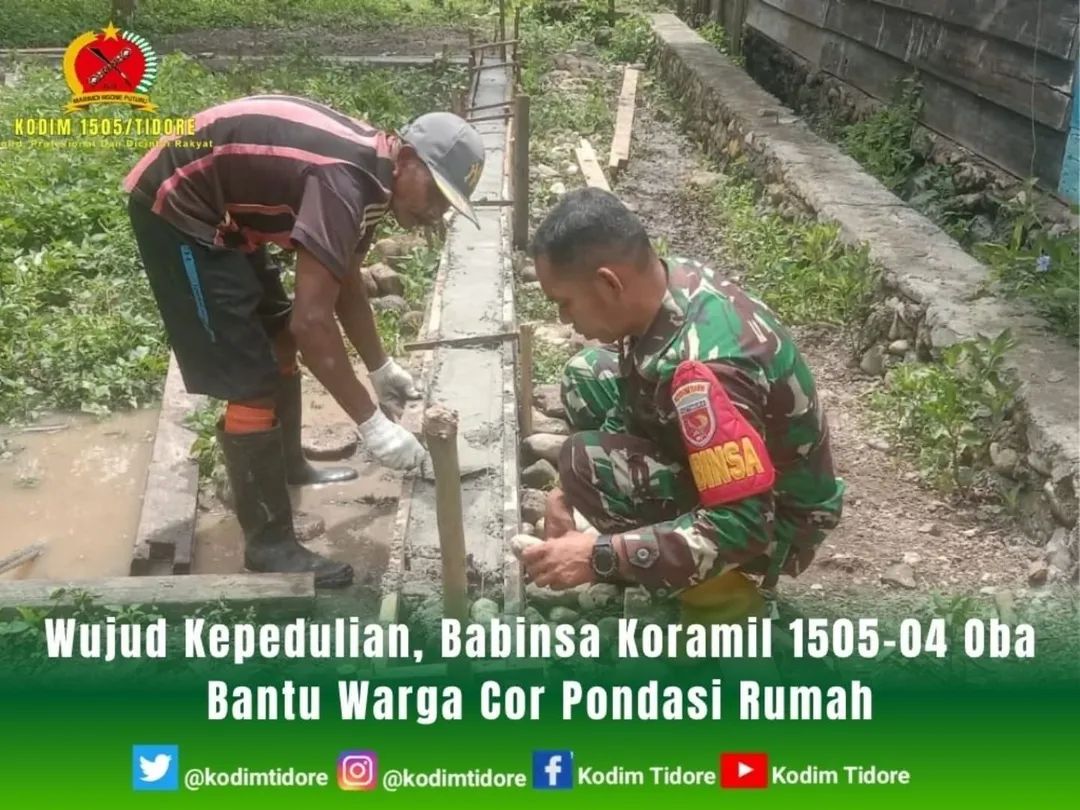 Wujud Kepedulian, Babinsa Koramil 1505-04 Oba Bantu Warga Cor Pondasi Rumah