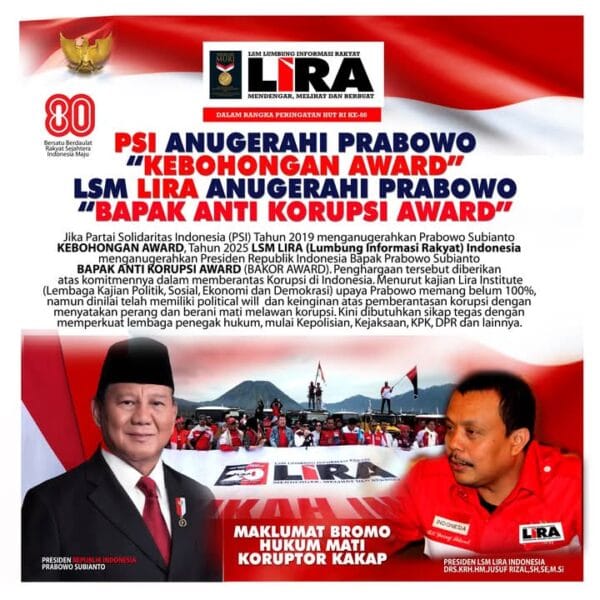 Setelah PSI Beri Kebohongan Award, Kini Prabowo Raih Bakor