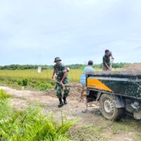 Lancarkan Aktivitas Warga,Babinsa Kampung Baru Bersama Warga Kerja Bhakti Timbun Jalan Berlobang