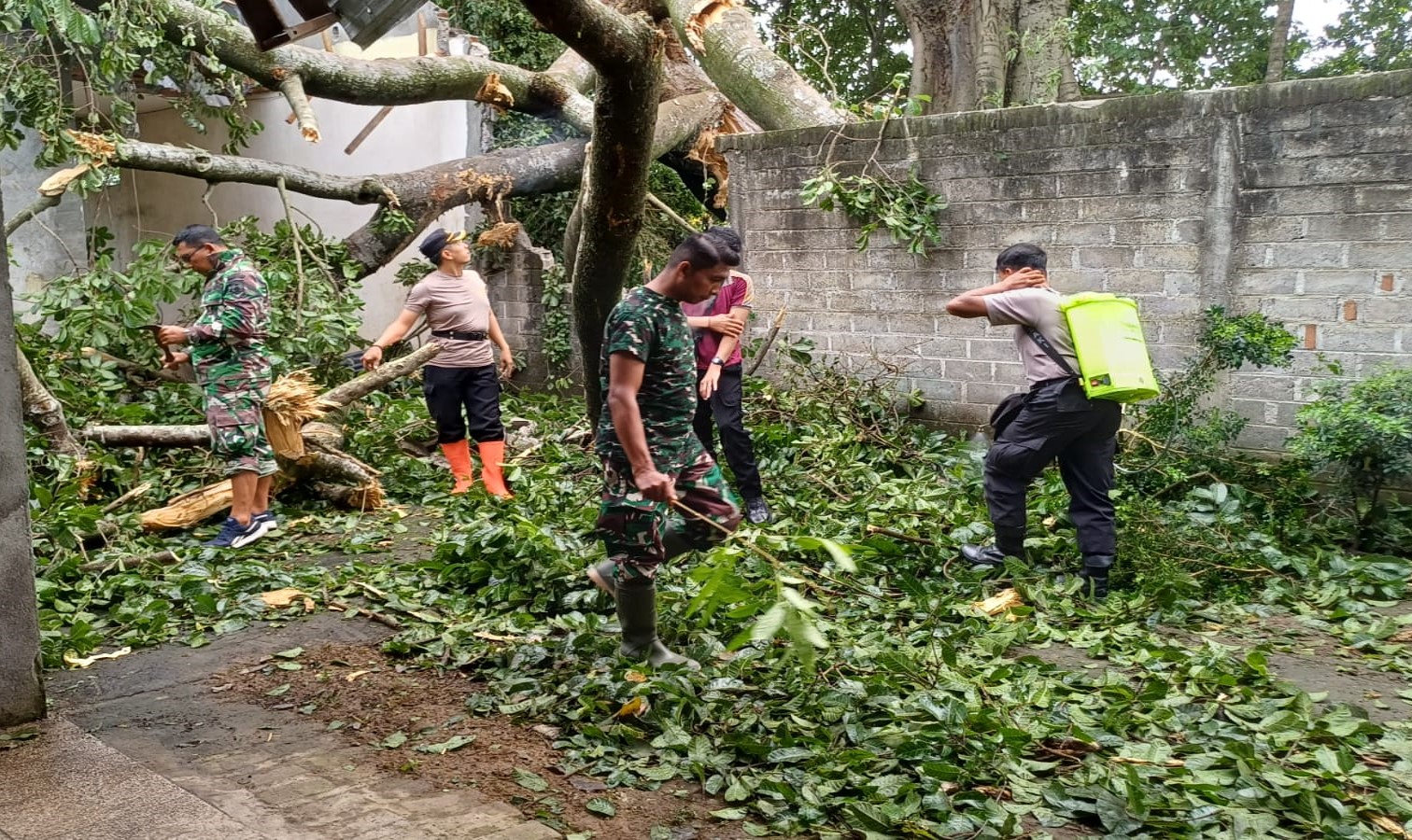 Anggota Koramil 0808/06 Srengat Bersama Warga, Polsek Dan BPBD Gotong Royong Bersihkan Pohon Tumbang Di Desa Purwokerto