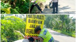 Polsek Kejobong Pasang Spanduk Imbauan Keselamatan di Jalur Jalan Berlubang
