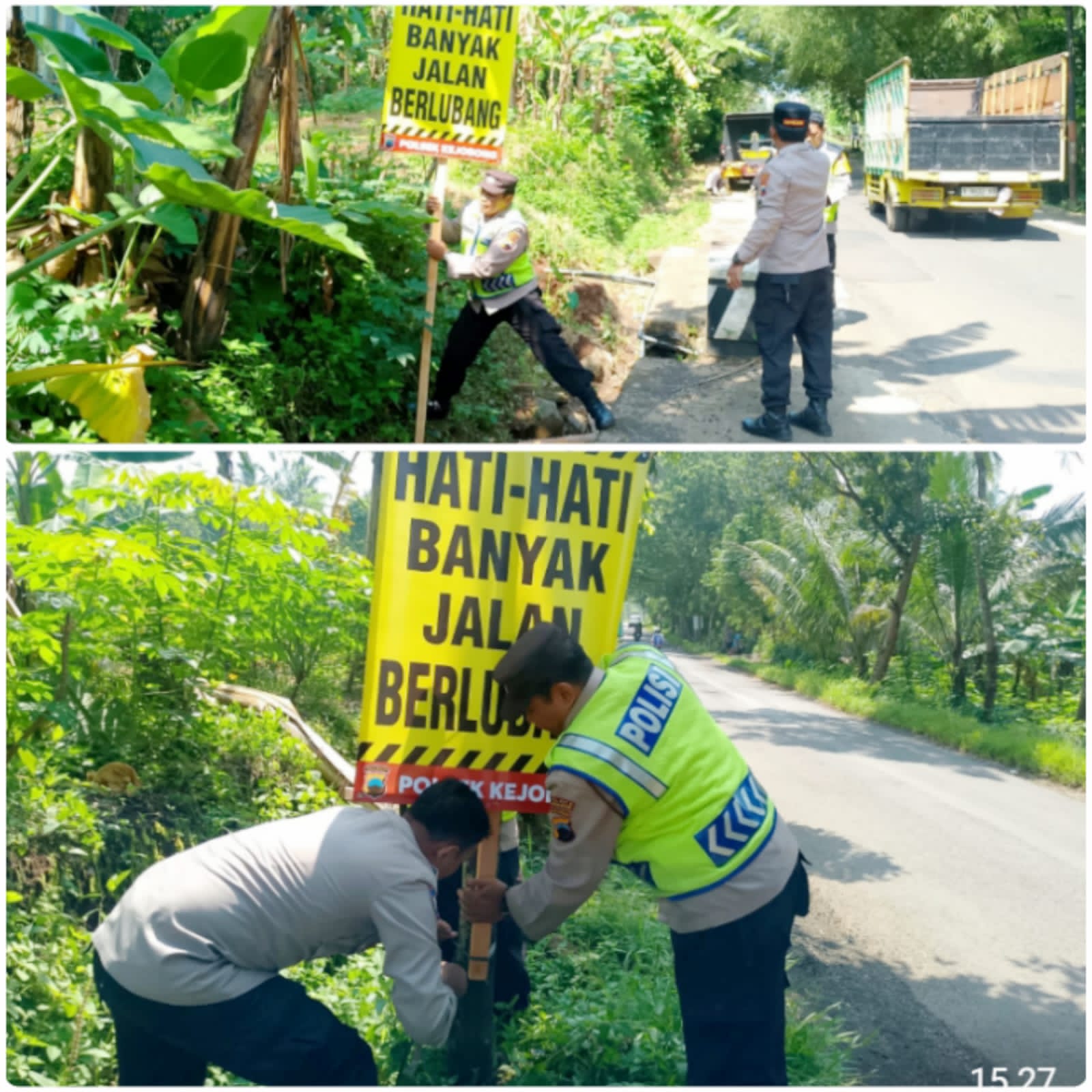 Polsek Kejobong Pasang Spanduk Imbauan Keselamatan di Jalur Jalan Berlubang Polsek Kejobong Pasang Spanduk Imbauan Keselamatan di Jalur Jalan Berlubang