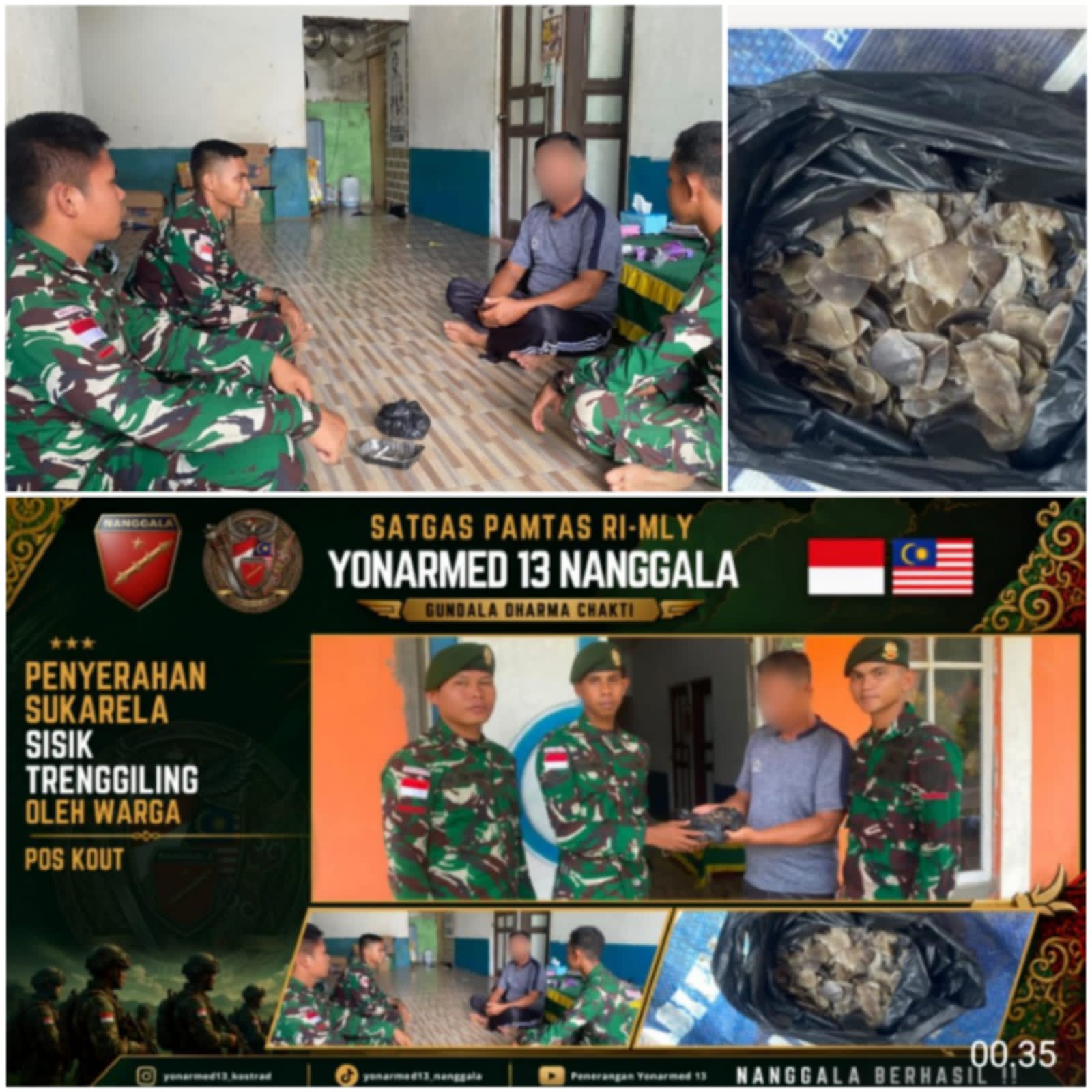 Gencarkan Komsos dan Edukasi Hukum, Satgas Pamtas Yonarmed 13/Nanggala Terima Penyerahan Sukarela ±1 Kg Sisik Trenggiling dari Warga Perbatasan Gencarkan Komsos dan Edukasi Hukum, Satgas Pamtas Yonarmed 13/Nanggala Terima Penyerahan Sukarela ±1 Kg Sisik Trenggiling dari Warga Perbatasan