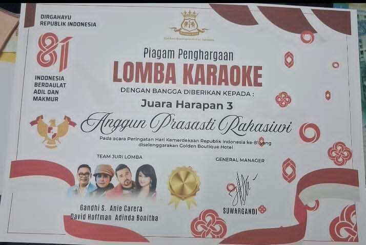 Anggun Prasasti Rahasiwi Raih Juara Harapan 3 Lomba Karaoke HUT RI ke-81 di Golden Boutique Hotel Jakarta
