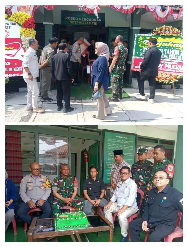 Koramil 0621-16 Leuwiliang Gelat Syukuran HUT TNI KE-81, Kapolsek Beri Kejutan Kue Ulang Tahun